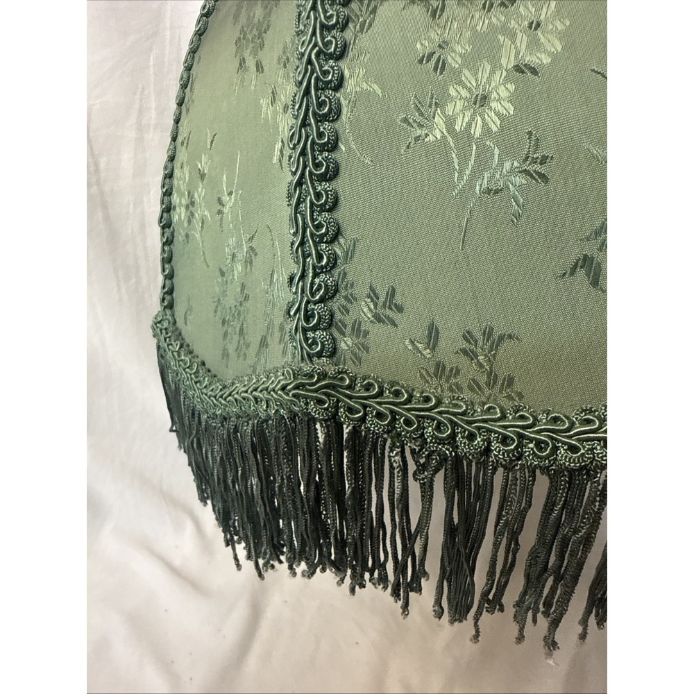 Vintage Victorian Style Green Lamp Shade Damask Brocade Fabric Fringe Floral - Picture 8 of 8